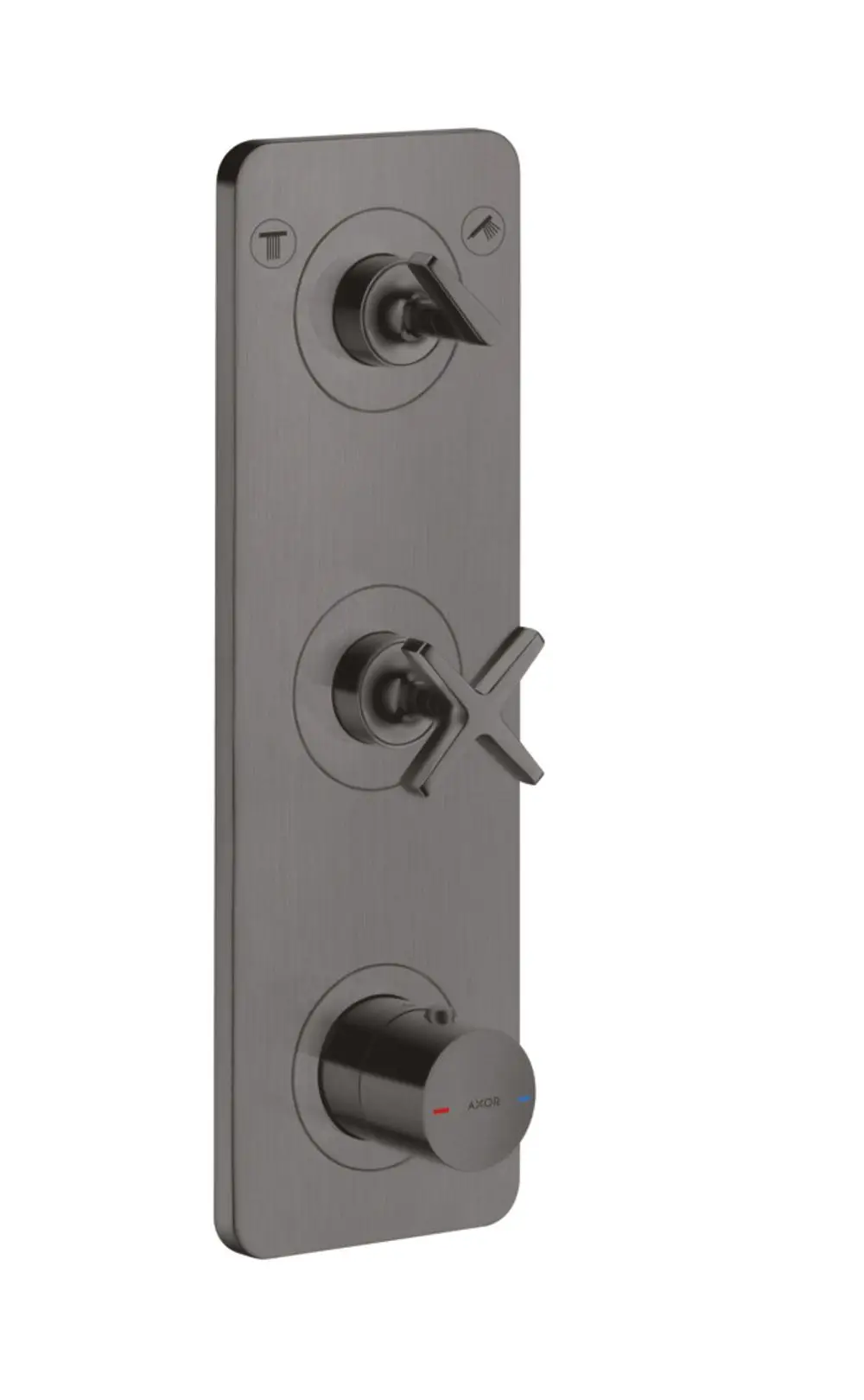 Thermostatmodul von AXOR mit drei Bedienelementen auf einer rechteckigen Platte in gebürstetem Schwarzchrom, zur Steuerung von zwei Wasserverbrauchern.